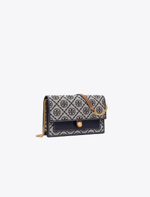 Tory Burch T Monogram Jacquard Chain Wallet In Tory Navy