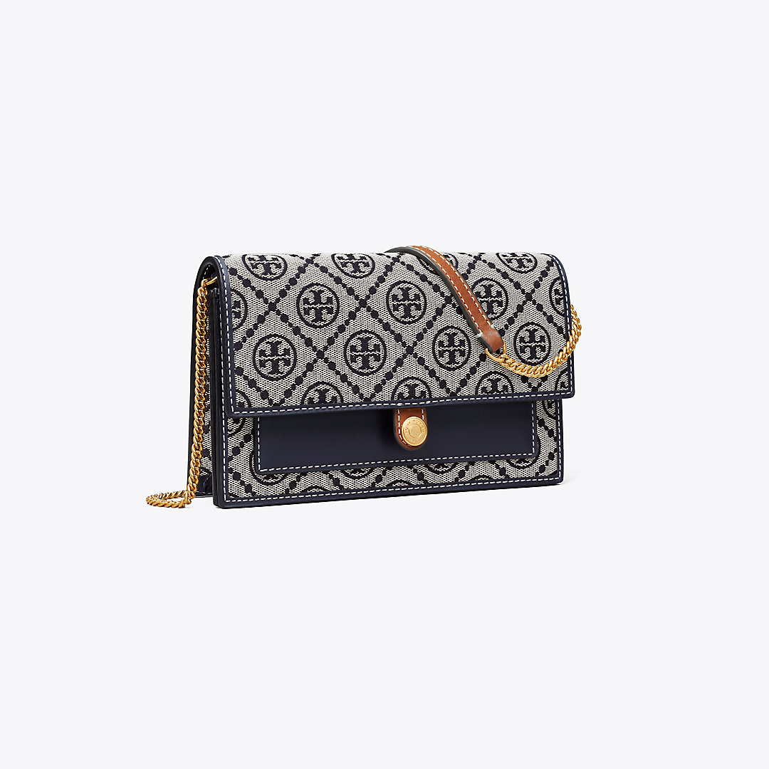 Tory Burch T Monogram Jacquard Chain Wallet In Tory Navy
