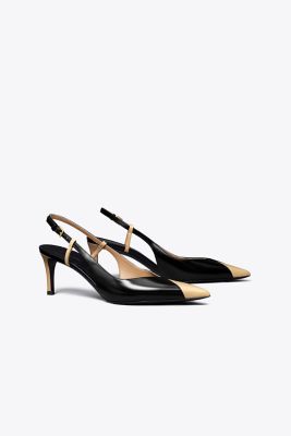 Tory Burch Triangle Slingback In Sand Buff/perfect Black