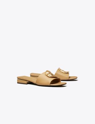 Tory Burch Patos Disc Leather Slide Sandals In Ginger Shortbread/silver/silver