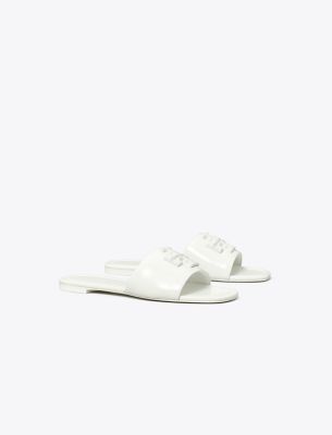 Tory Burch Double T Leather Medallion Slide Sandals In Gardenia
