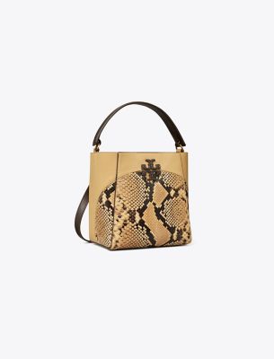 Tory Burch Small Mcgraw Snake Embossed Bucket Bag In Sand Drift