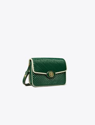 Tory Burch Robinson Patent Quilted Shoulder Bag In Pine Tree