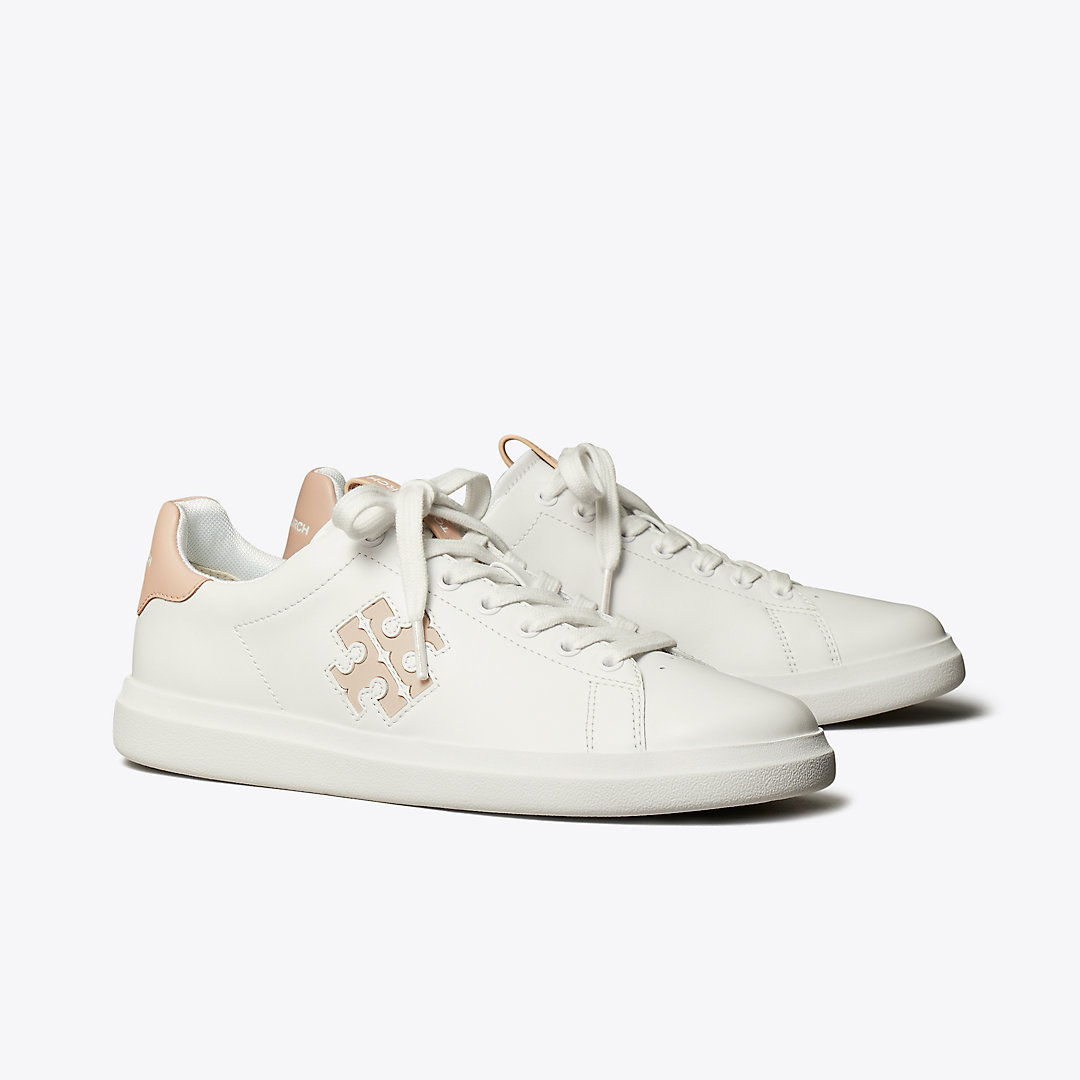 Shop Tory Burch Double T Howell Court Sneaker In Titanium White/shell Pink