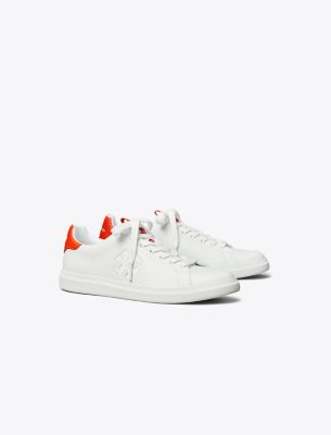 Tory Burch Double T Howell Court Sneaker In White/desert Flower Orange