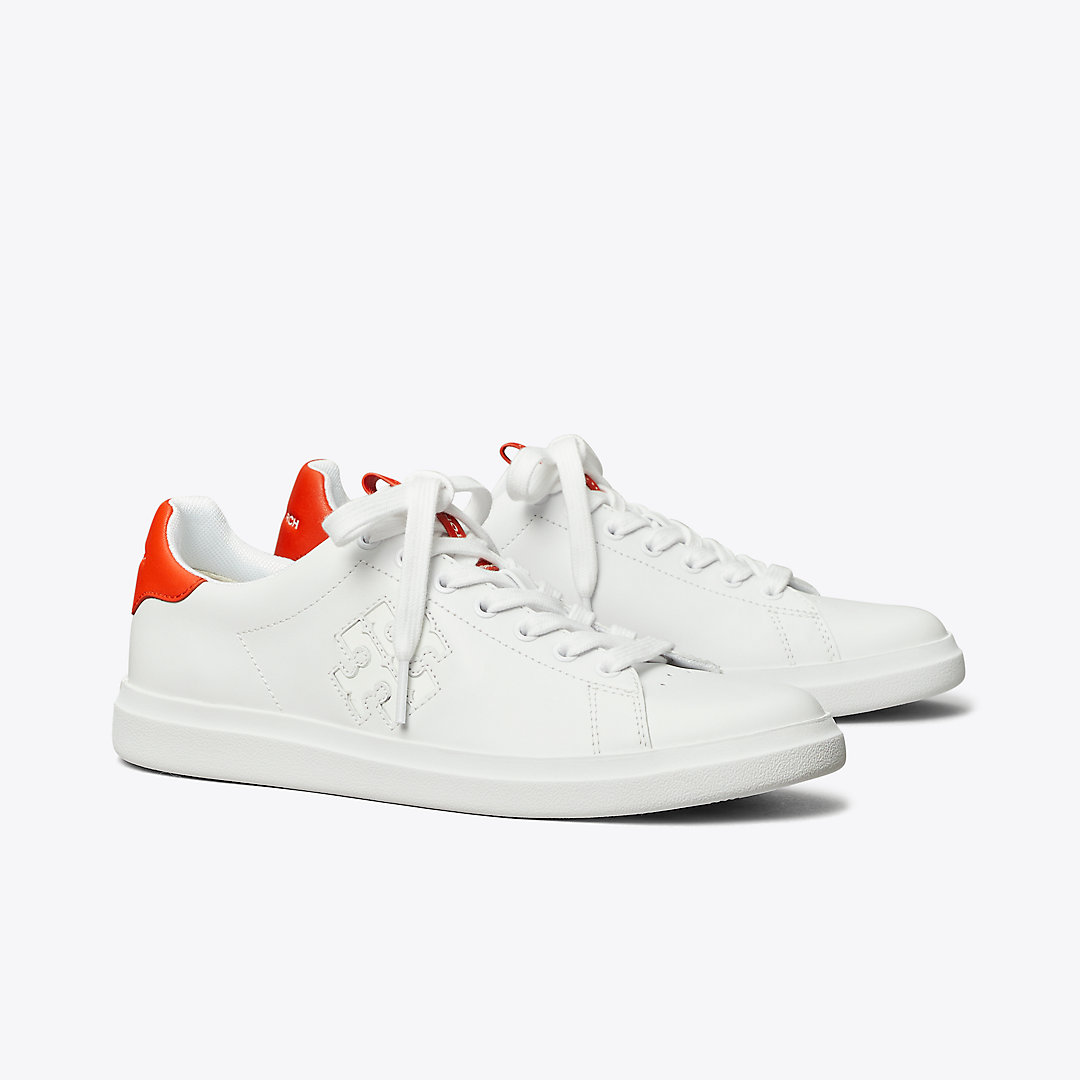 Tory Burch Double T Howell Court Sneaker In White/desert Flower Orange