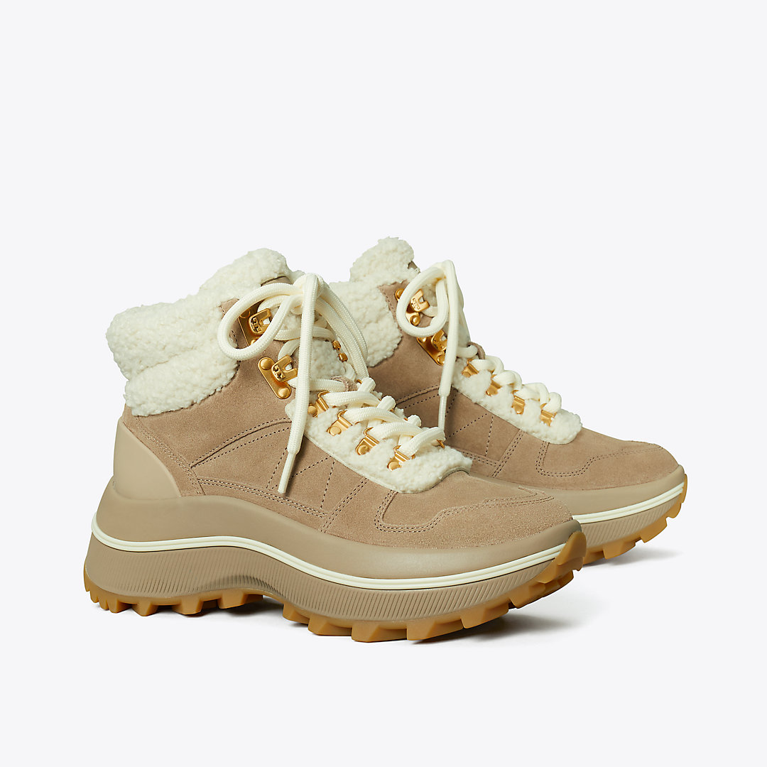 Tory Burch Suede And Faux Shearling Adventure Hiking Boot In Avola