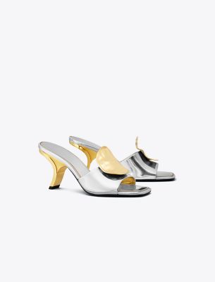 Tory Burch Patos Mismatched Heel Sandal In Argento/gold/gold