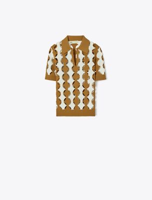 Tory Burch Cutout Argyle Stretch-knit Polo Shirt In Golden Maple/soft White