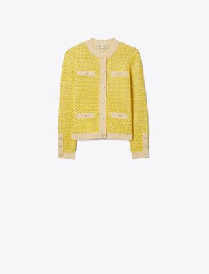 Shop Tory Burch Linen Tweed Kendra Cardigan In Radiant Yellow/french Cream