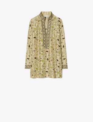 Tory Burch Embroidered Silk Tory Tunic In Pale Khaki