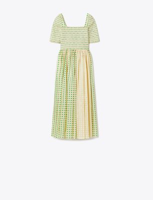 Tory Burch Printed Silk Smocked Midi Dress In Green Polka Dot