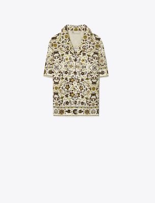 Tory Burch Printed Silk Bowling Shirt In Ivory Pisces Dream