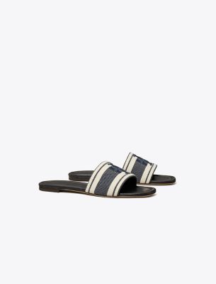 Tory Burch Double T Jacquard Slide Sandals In Blue Chiaro/ash White