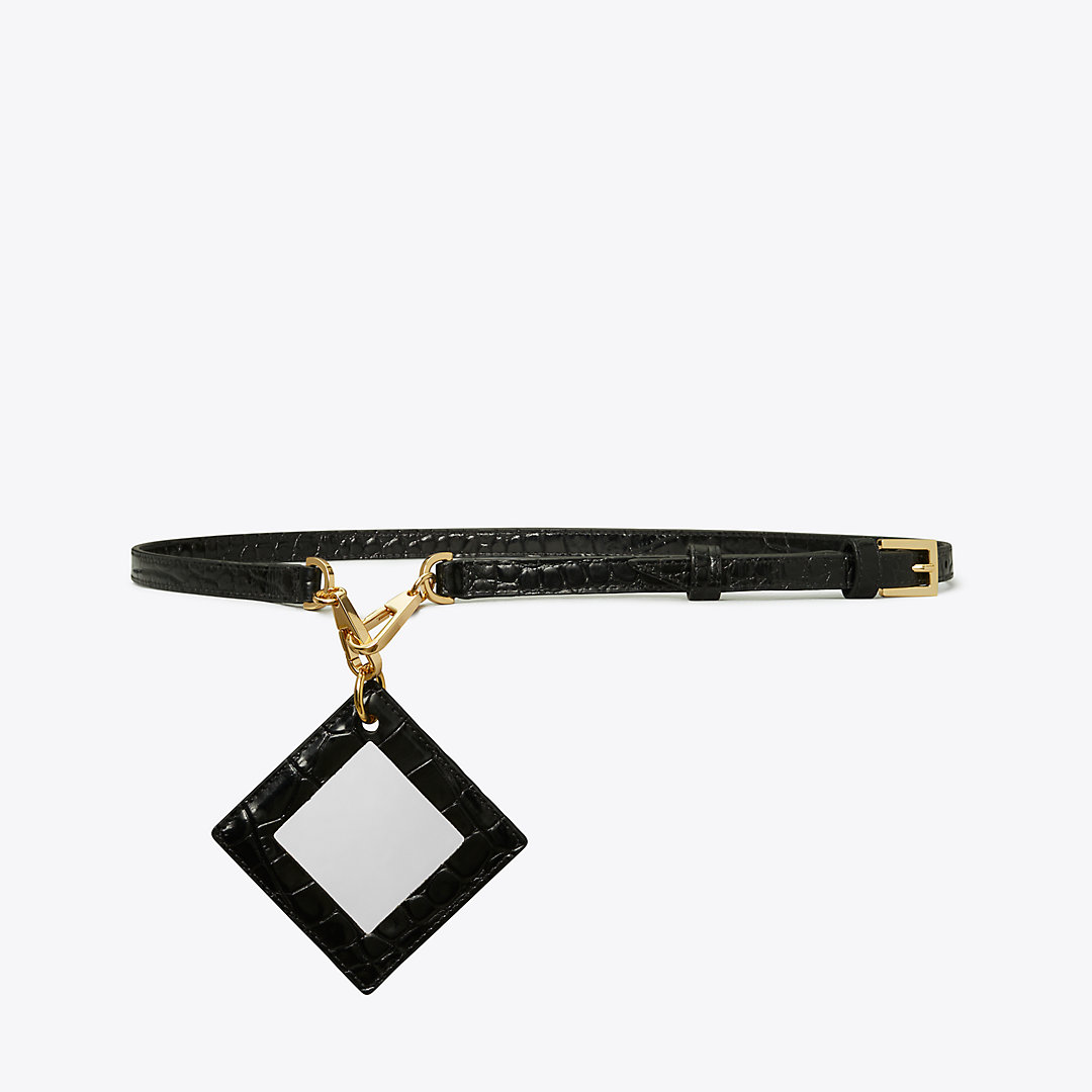 Tory Burch Croc-embossed Mirror Belt In Black/gold