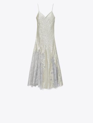 Tory Burch Star Lace Slip Dress In Silver White Lurex