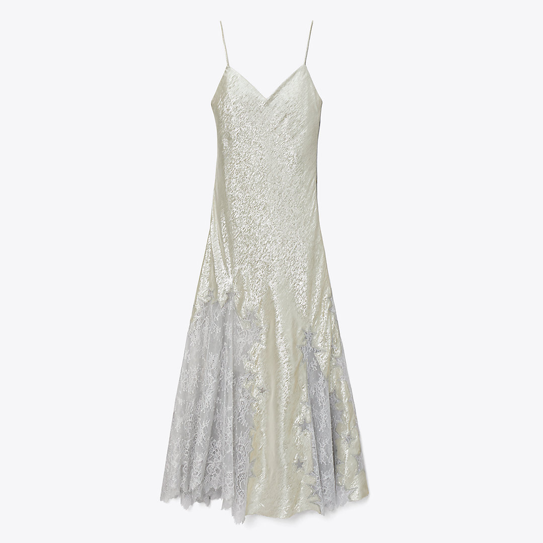 Tory Burch Star Lace Slip Dress In Silver White Lurex