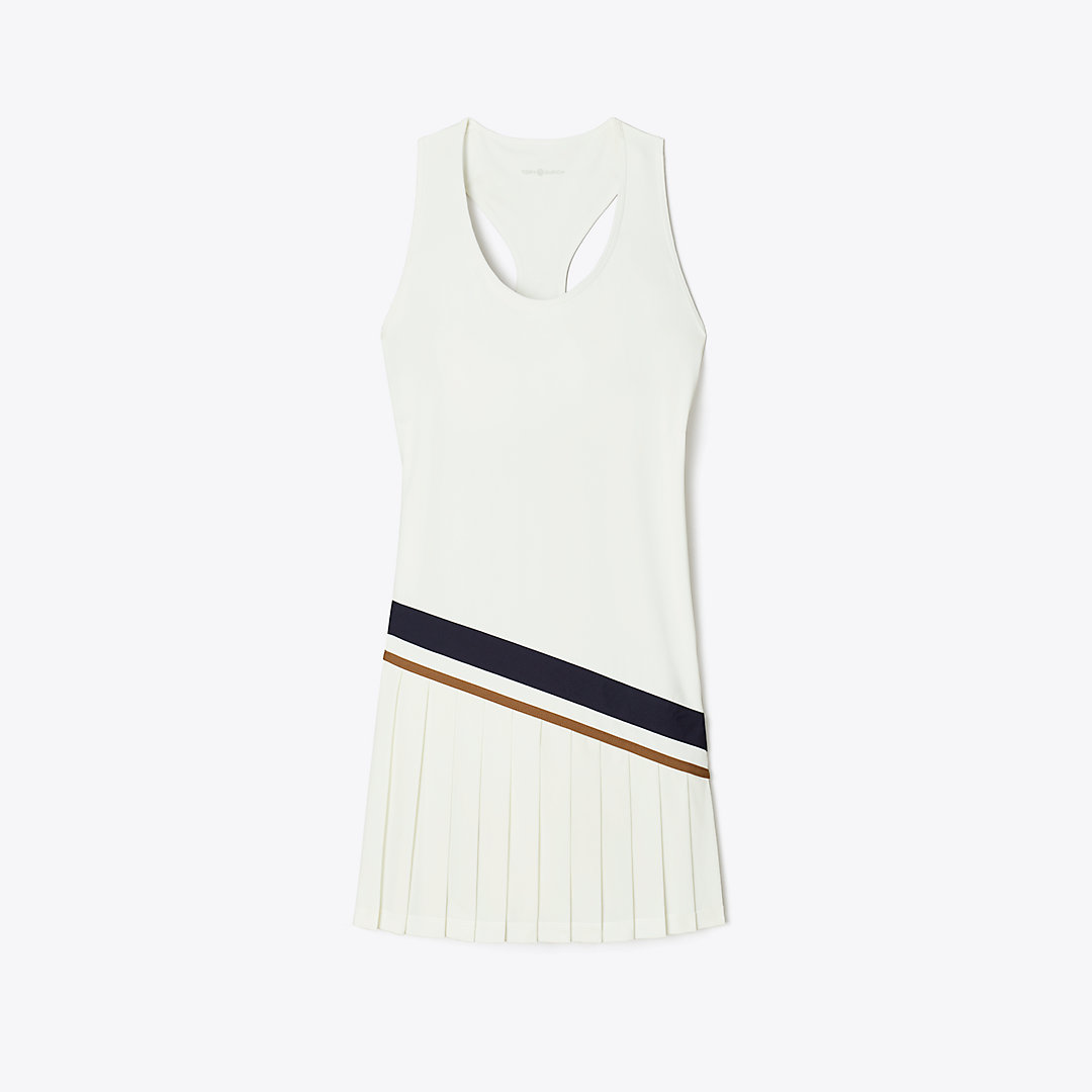 Shop Tory Sport Chevron Pleated Tennis Dress In Snow White/anise Brown