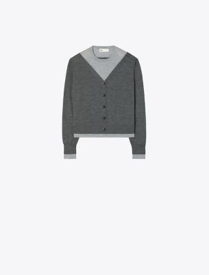 Tory Burch Double Layered Crewneck Cardigan In Soft Charcoal Mélange/fog Gray Mélange