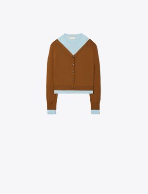 Tory Burch Double Layered Crewneck Cardigan In Spiced Hickory  