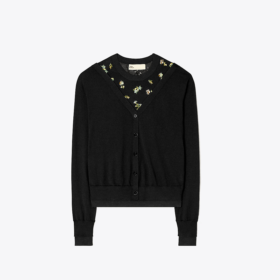 Tory Burch Embellished Merino Dickie Sweater In Black
