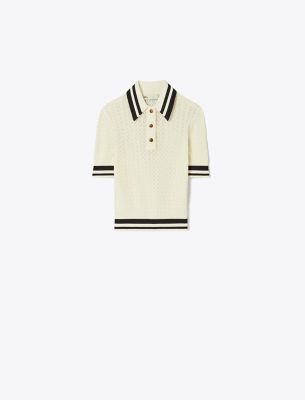Shop Tory Sport Tory Burch Cotton Pointelle Polo In New Ivory/black