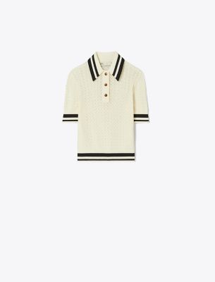 Shop Tory Sport Tory Burch Cotton Pointelle Polo In New Ivory/black