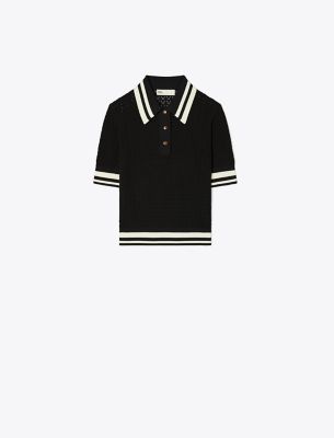 Shop Tory Sport Tory Burch Cotton Pointelle Polo In Black/new Ivory