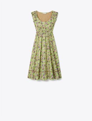 Shop Tory Burch Printed Cotton Poplin Dress In Green Scribble Floral