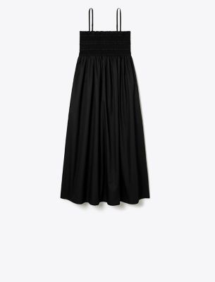 Tory Burch Smocked Cotton Midi Dress In Black