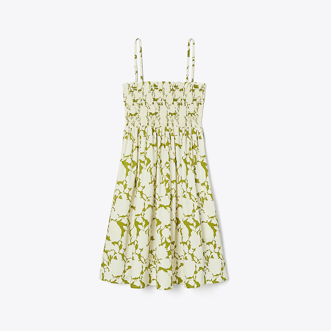 Shop Tory Burch Smocked Printed Cotton Mini Dress In Green Bold Flower