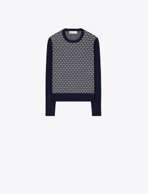 Shop Tory Sport Tory Burch T Monogram Tech Knit Sweater In Tory Navy T Mono Knit Small