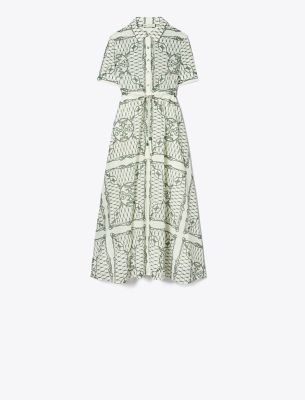 Tory Burch Printed Cotton Shirtdress In Ivory/green Rope