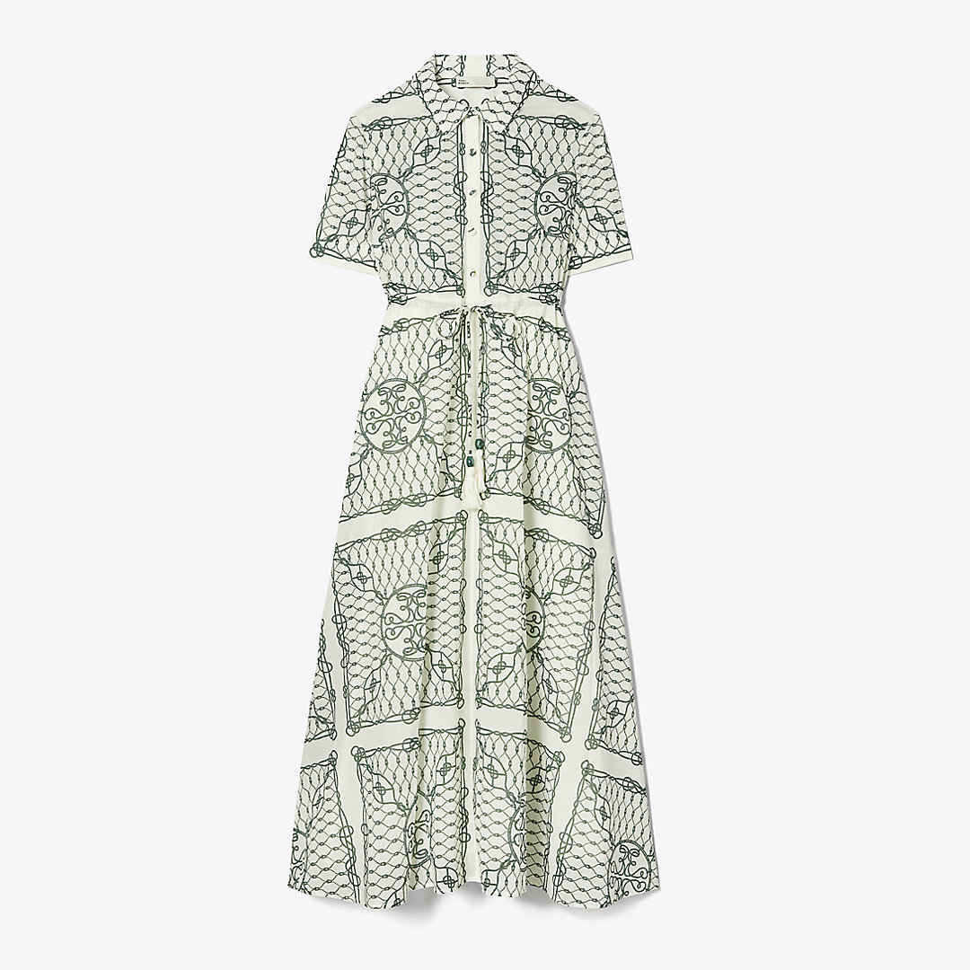 Tory Burch Printed Cotton Shirtdress In Ivory/green Rope