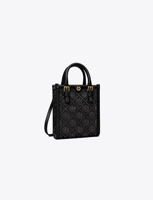 Tory Burch Mini T Monogram Canvas Tote Bag In Black