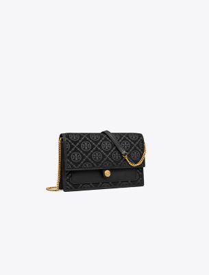 Tory Burch T Monogram Chain Wallet In Black