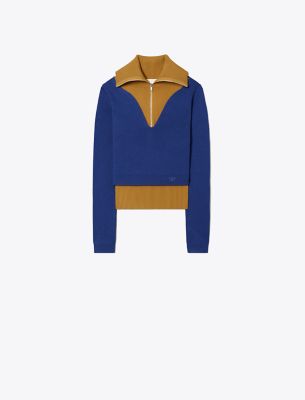 Shop Tory Burch Double Layered Zip Pullover In Golden Maple/rich Cobalt Sky