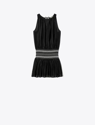Tory Burch Smocked Cotton Silk Mini Dress In Black (core)