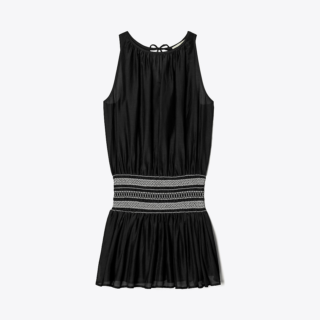 Tory Burch Smocked Cotton Silk Mini Dress In Black (core)