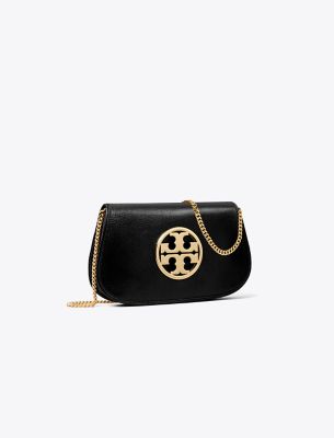 Tory Burch Black Leather Reva Clutch With Chain Strap In Black