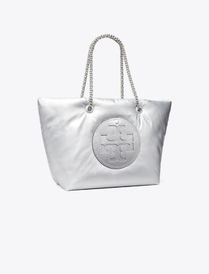 Tory Burch Ella Metallic Puffed Chain Tote In Silver