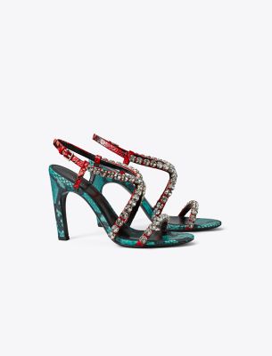 Tory Burch Crystal Strappy Heeled Sandal In Bearberry/atlas/black Diamond