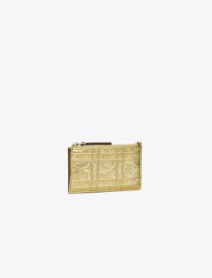Tory Burch Fleming Soft Metallic Square Quilt Zip Card Case In Gold