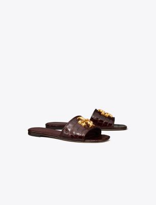 Tory Burch Eleanor Slide In Brown Croc/dark Carmine/gold
