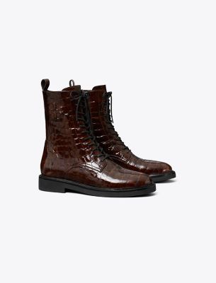 Tory Burch Double-t Croc Embossed Combat Boot In Brown Croc