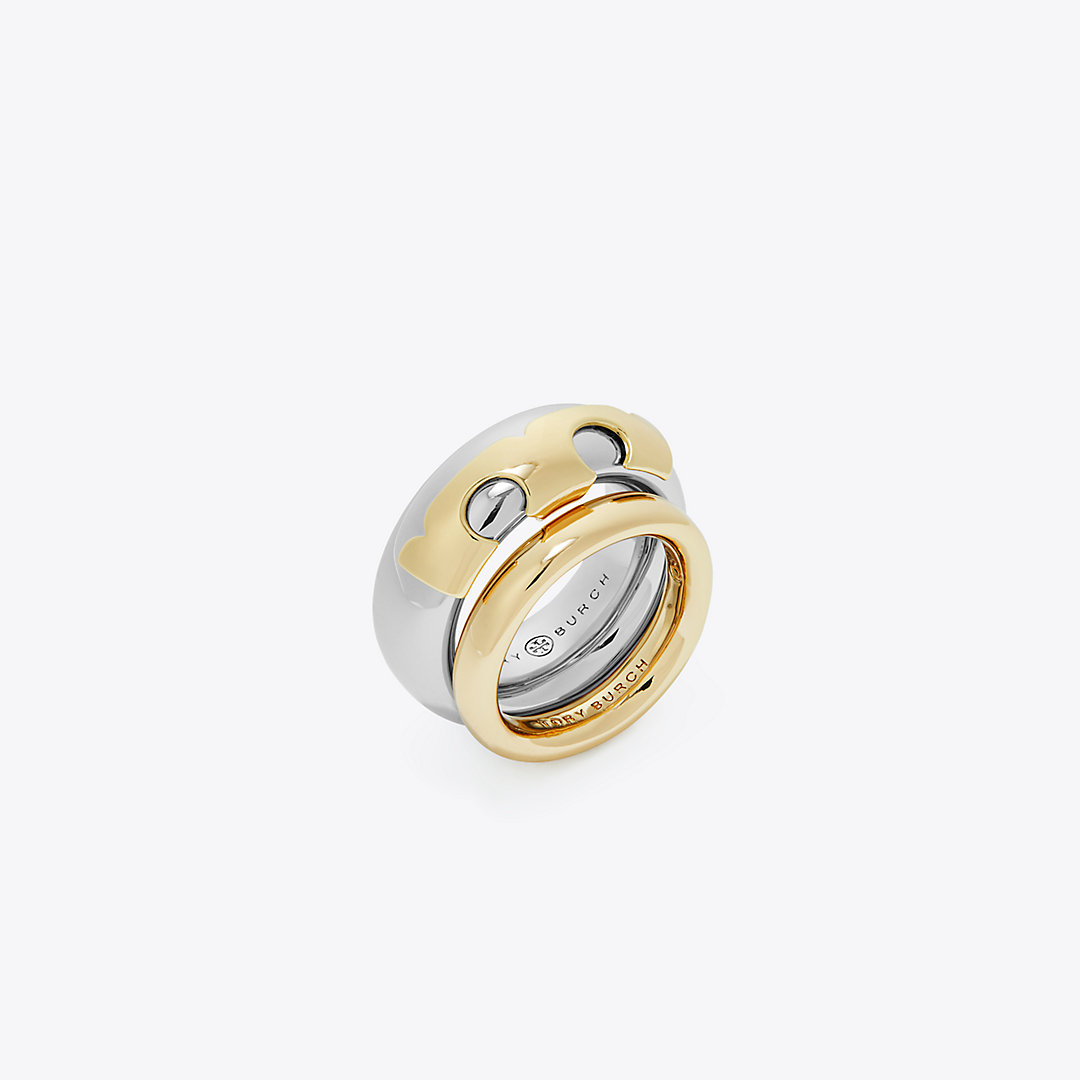 Shop Tory Burch Essential Ring Set In Tory Gold/tory Silver