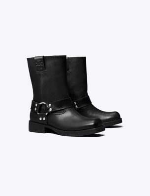 Tory Burch Leather Harness Short Biker Boots In Perfect Black