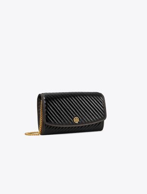 Tory Burch Robinson Patent Quilted Chain Wallet In Black