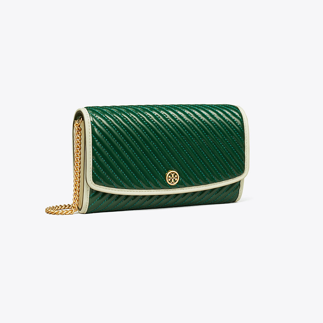 Tory Burch Robinson Patent Quilted Chain Wallet In Pine Tree