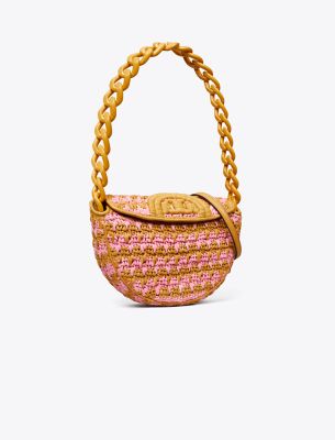 Tory Burch Mini Fleming Soft Crochet Crescent Bag In Pink Carnation Multi